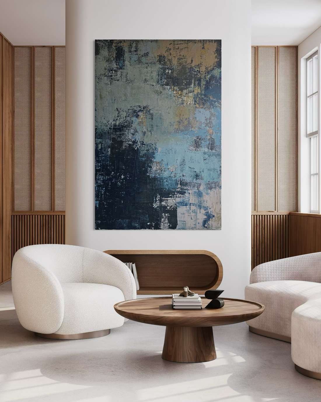 large abstract painting on the wall in blue tones in a modern light colors, wooden interior