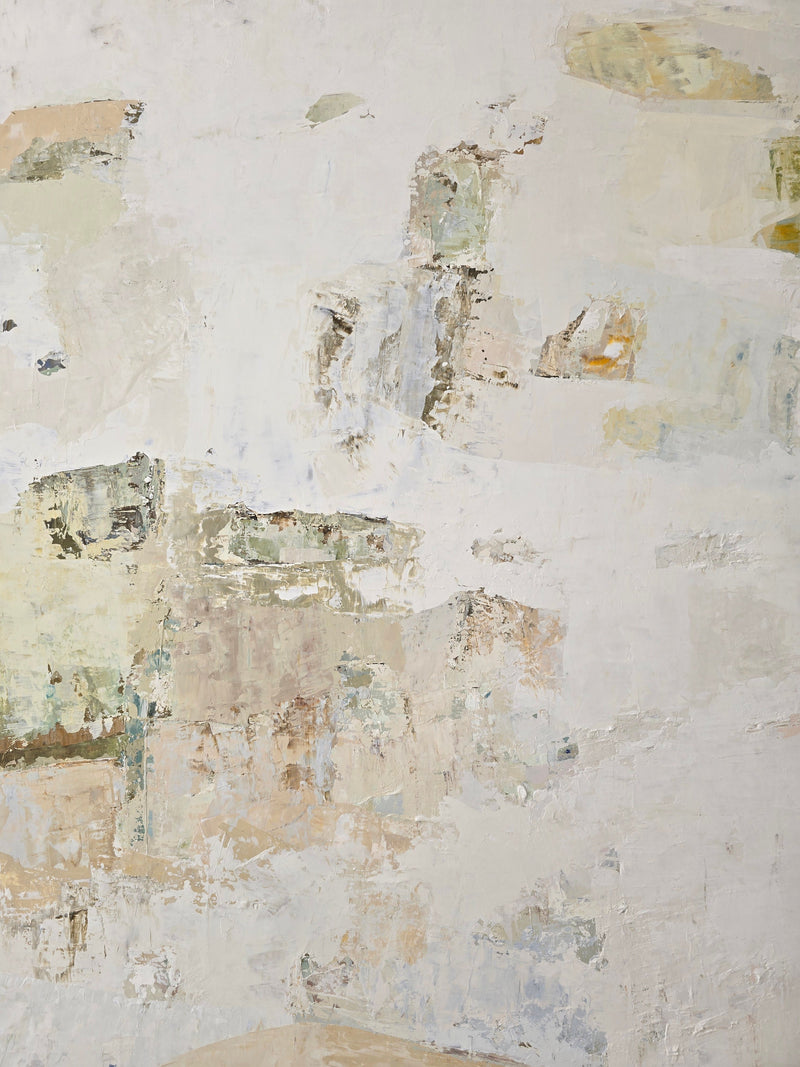 An abstract painting featuring textured layers of off-white, beige, pale yellow, and soft sage green was created by BIRUTE STUDIO.
