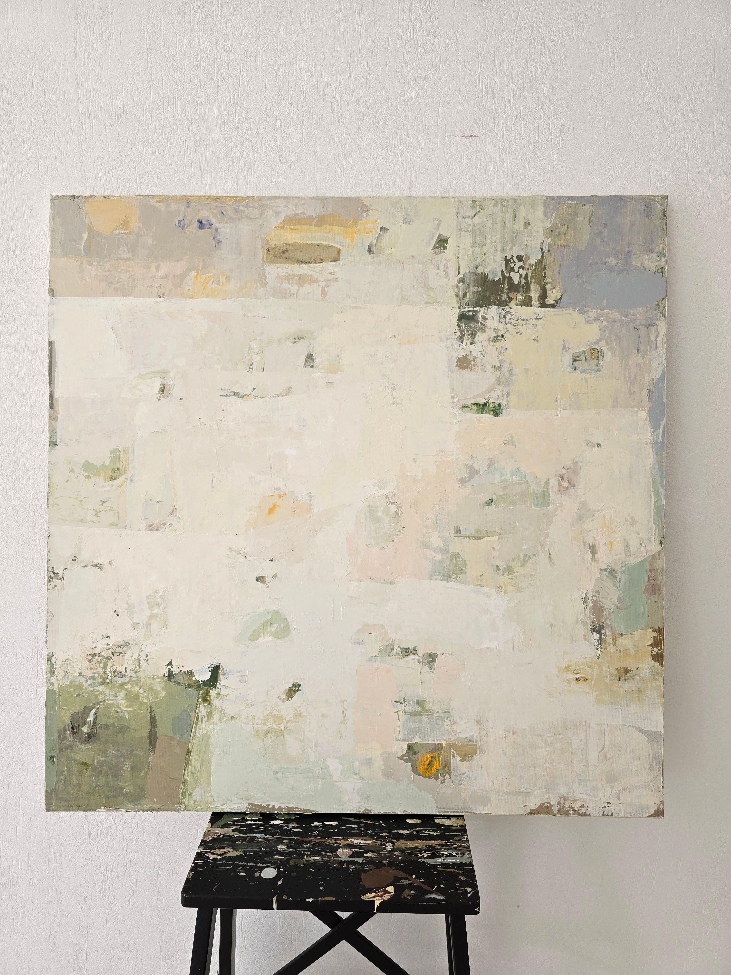 Original abstract painting in white, beige, pastel tones with rich textures created by Birute Studio.