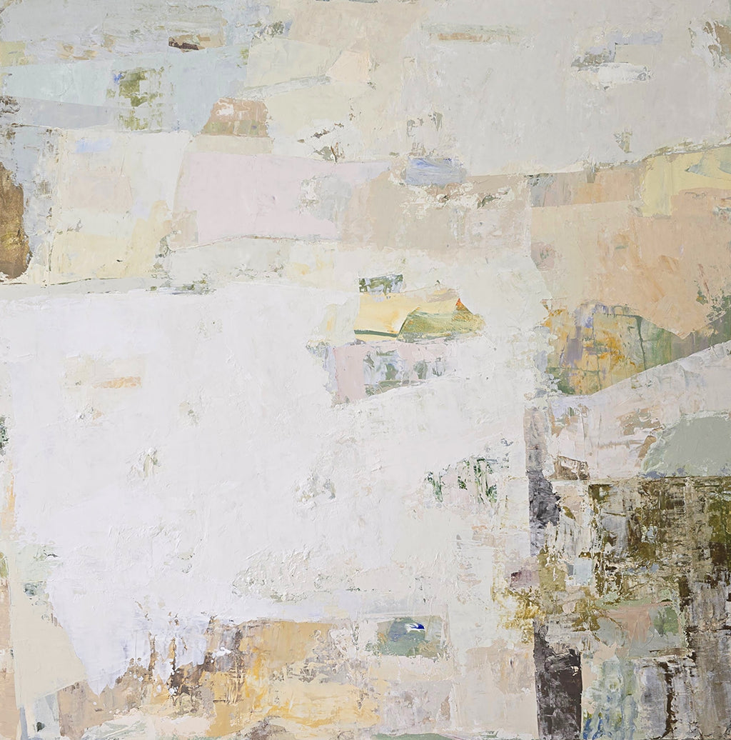 An original abstract canvas painting featuring textured, layered off-white, beige, muted yellow, dusty pink, and hints of gray and olive green| Birute Studio