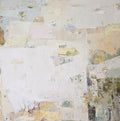 An original abstract canvas painting featuring textured, layered off-white, beige, muted yellow, dusty pink, and hints of gray and olive green| Birute Studio