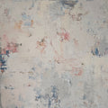 An abstract canvas painting with textured brushstrokes in off-white, gray, muted blue, and soft pink, displayed against a distressed white wall.