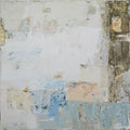 An abstract canvas painting featuring textured layers in off-white, light blue, beige, gray, neutral, and dark brown tones created by BIRUTE STUDIO.