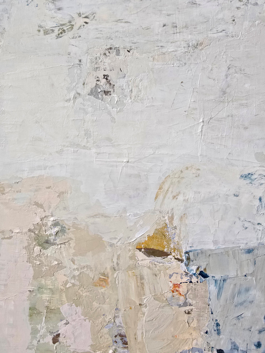 An abstract canvas painting featuring textured layers in off-white, light blue, beige, gray, neutral, and dark brown tones created by BIRUTE STUDIO.