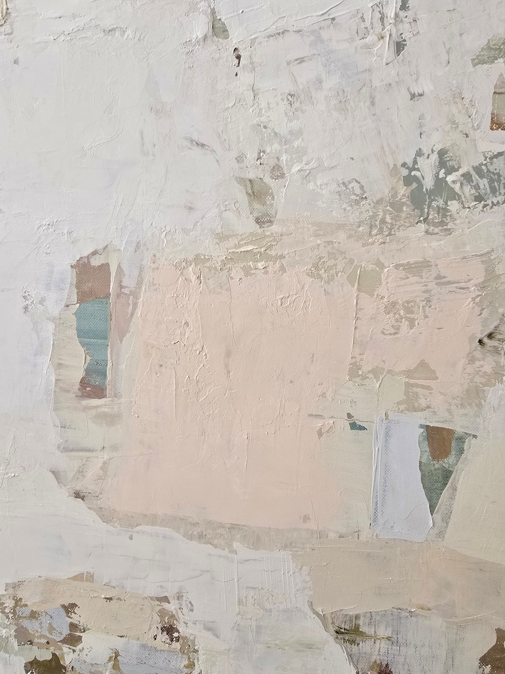 An abstract painting featuring textured layers of off-white, beige, pale yellow, and soft sage green was created by BIRUTE STUDIO.