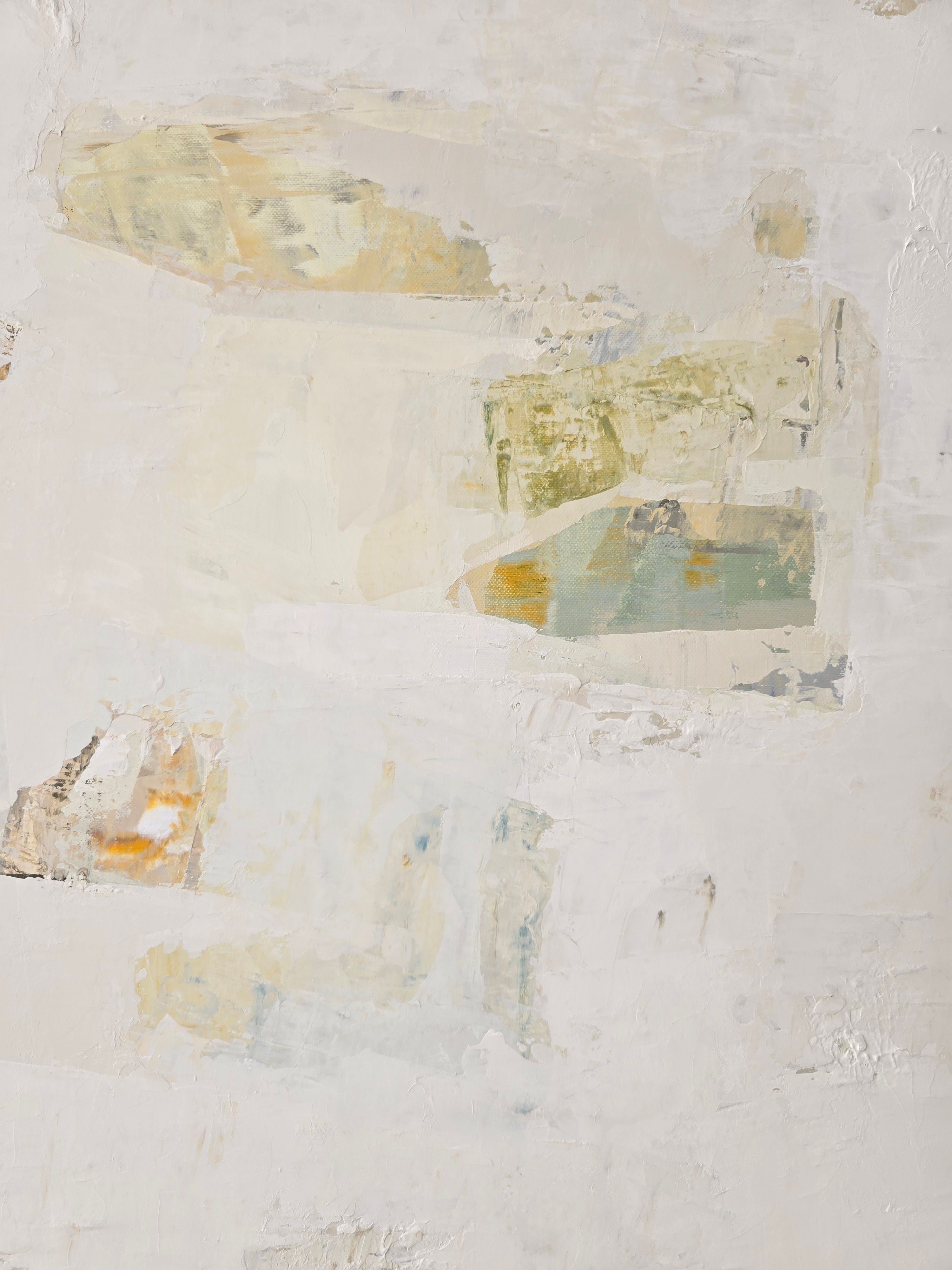 An abstract painting featuring textured layers of off-white, beige, pale yellow, and soft sage green was created by BIRUTE STUDIO.