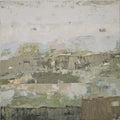 An abstract landscape painting featuring layered horizontal brushstrokes in muted tones of gray, beige, olive green, and brown, with a pale, hazy sky at the top.