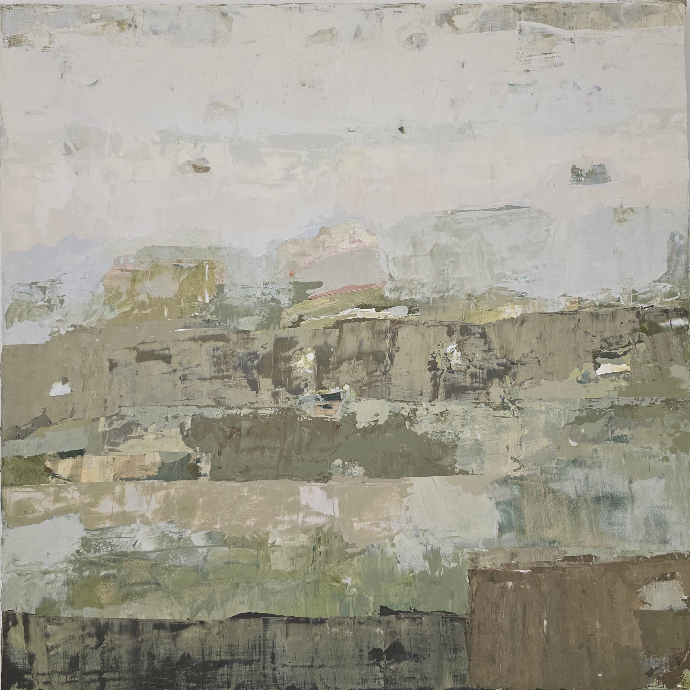An abstract landscape painting featuring layered horizontal brushstrokes in muted tones of gray, beige, olive green, and brown, with a pale, hazy sky at the top.