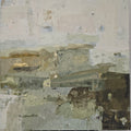 An abstract canvas painting created by Birute Studio featuring textured, layered brushstrokes in muted tones of gray, beige, brown, and off-white.