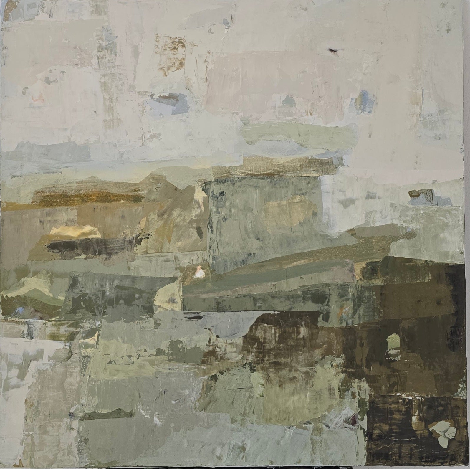 An abstract canvas painting created by Birute Studio featuring textured, layered brushstrokes in muted tones of gray, beige, brown, and off-white.