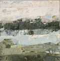 An abstract landscape painting featuring textured layers of gray, off-white, black, and muted olive green, with a soft, pale sky at the top.
