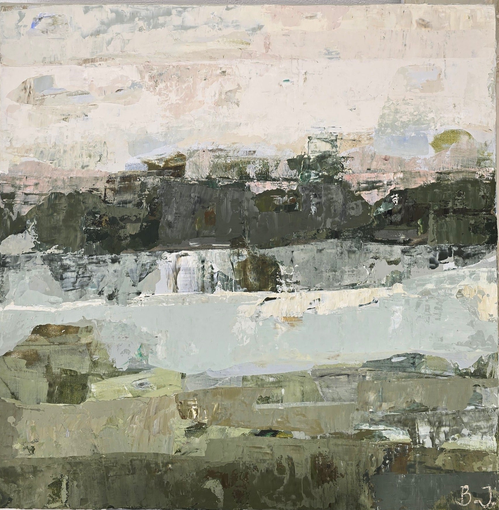 An abstract landscape painting featuring textured layers of gray, off-white, black, and muted olive green, with a soft, pale sky at the top.