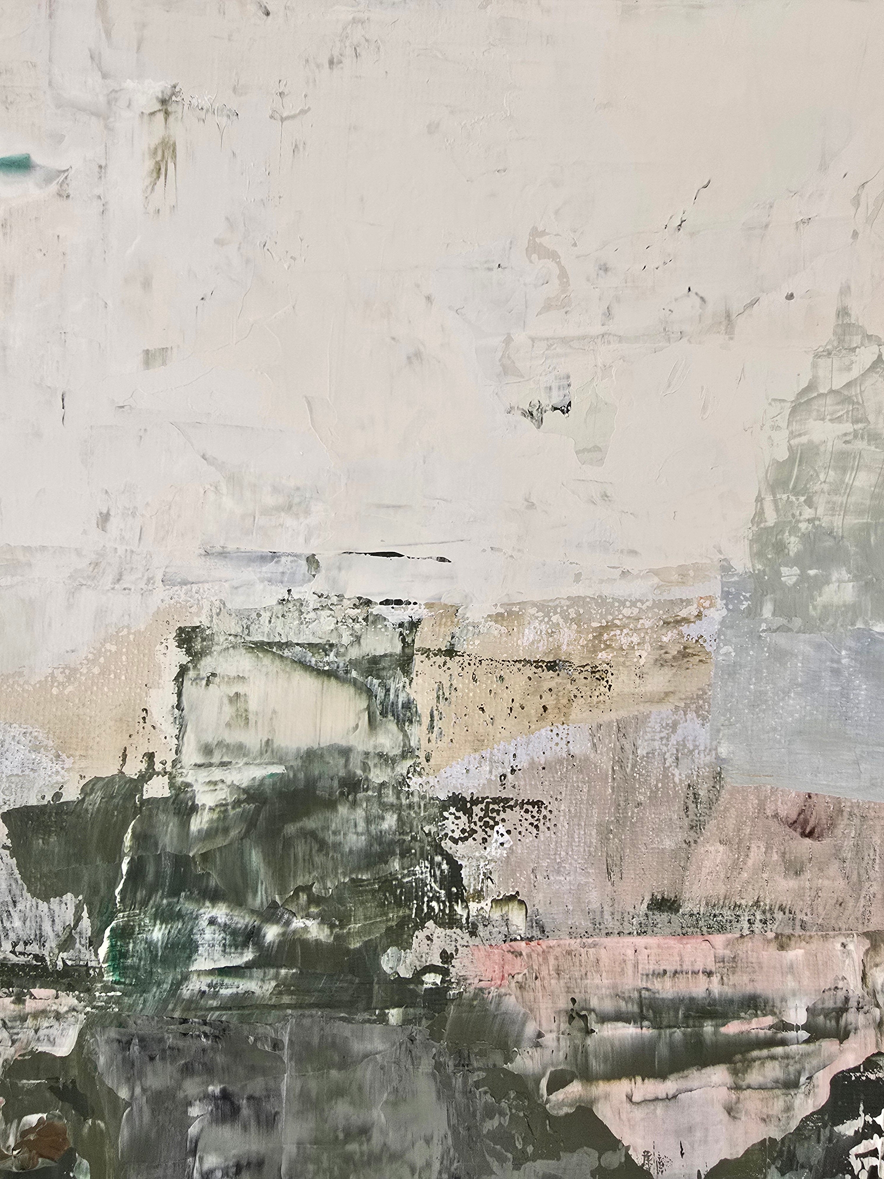An abstract mixed-media painting featuring textured layers of off-white, beige, gray, black, and soft pink brushstrokes.