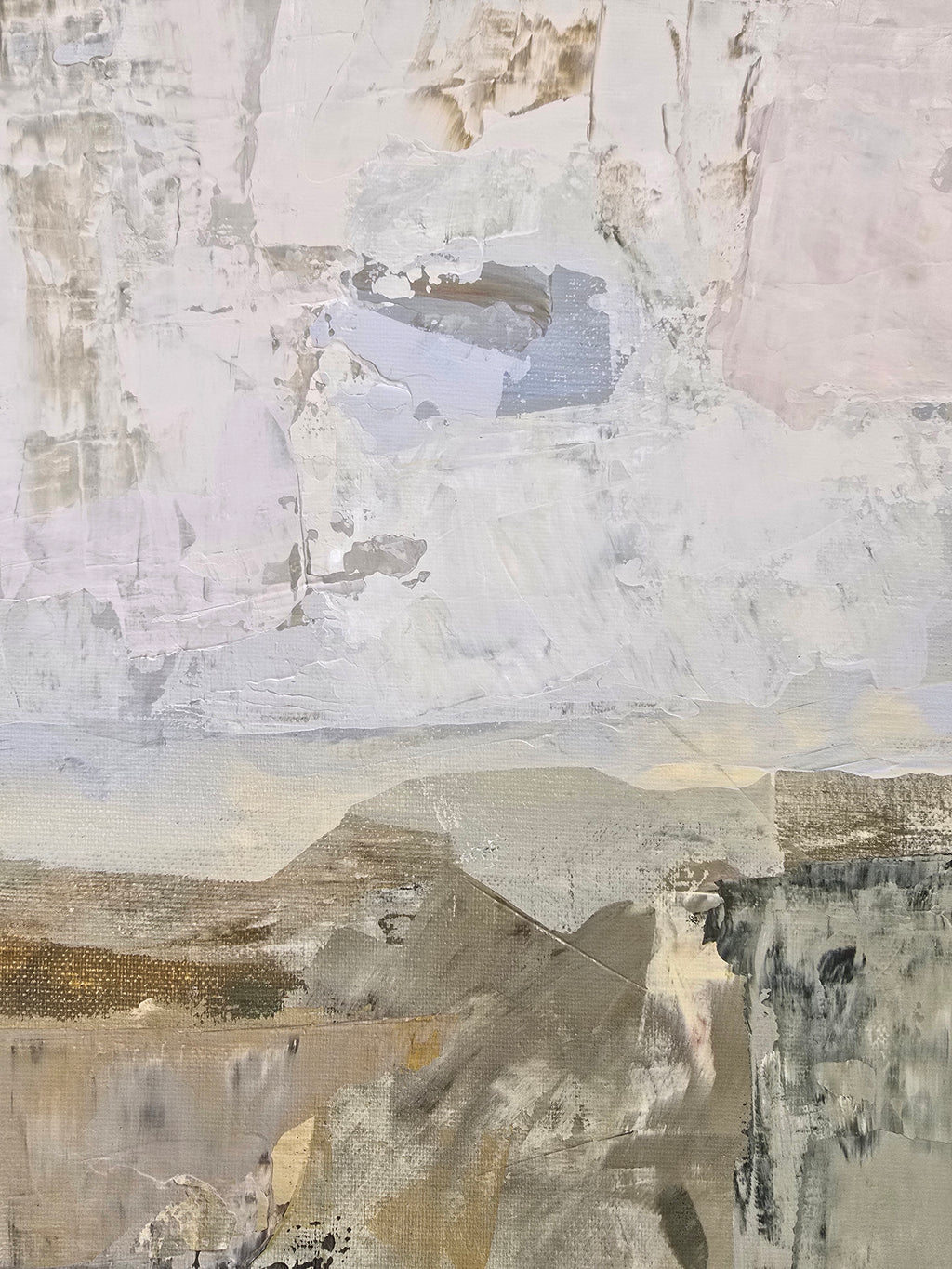 Abstract painting close-up with layered, textured surfaces in soft off-white, gray, beige, muted green, and brown tones. Created by Birute Studio.