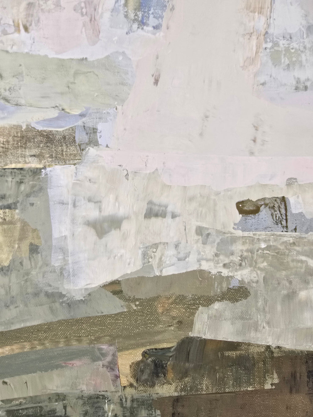 Abstract painting close-up with layered, textured surfaces in soft off-white, gray, beige, muted green, and brown tones. Created by Birute Studio.