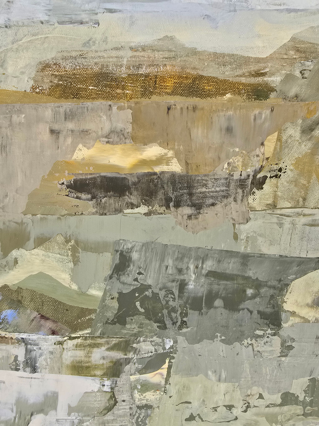 An abstract canvas painting created by Birute Studio in beige, gray, olive green, and brown tones.
