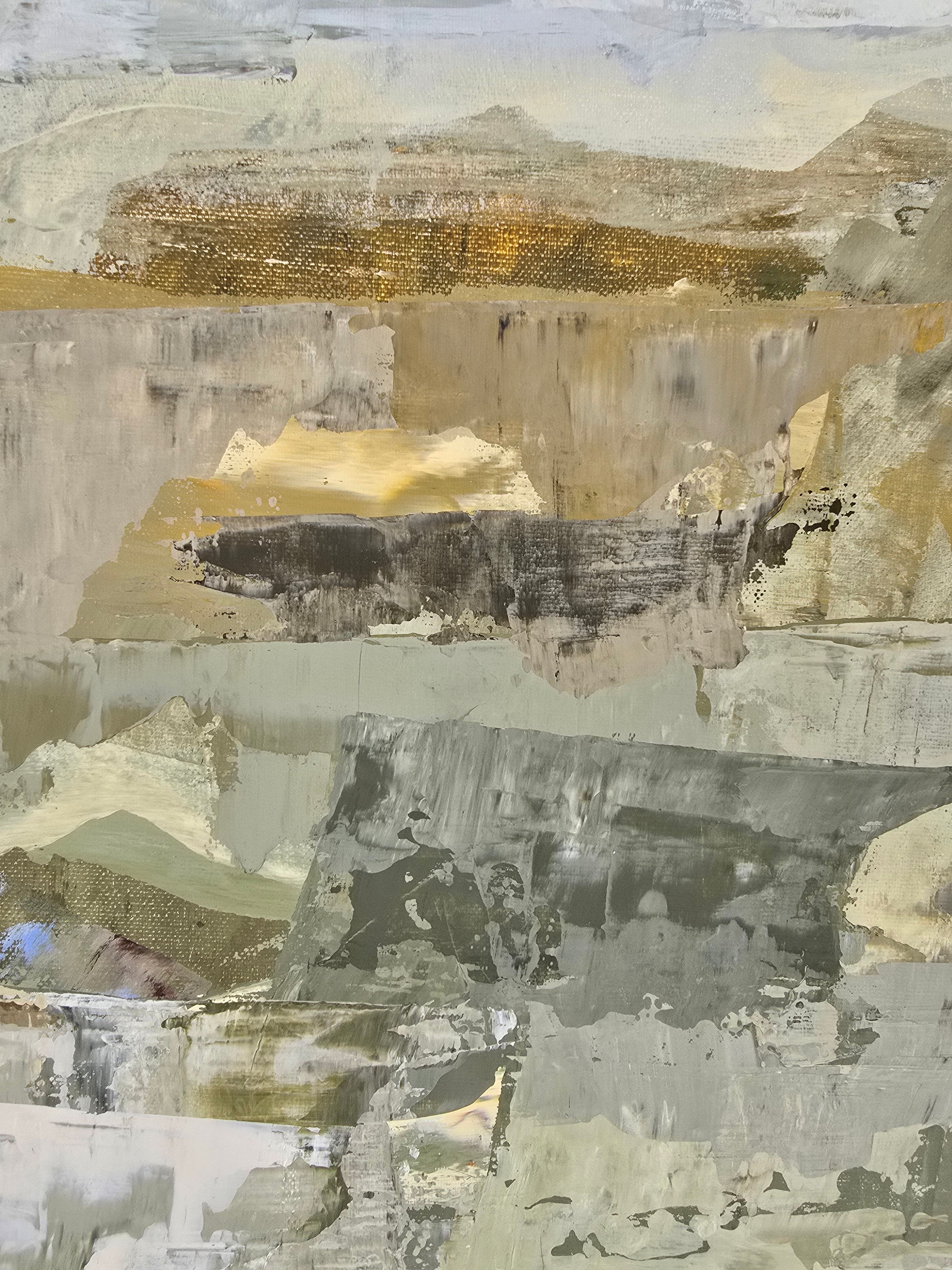 An abstract canvas painting created by Birute Studio in beige, gray, olive green, and brown tones.
