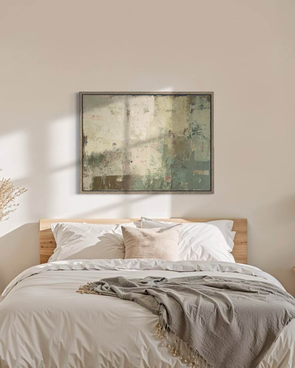 Textured abstract painting on canvas from the SPRING series by Birute Studio - light earthy tones for modern interior decor.