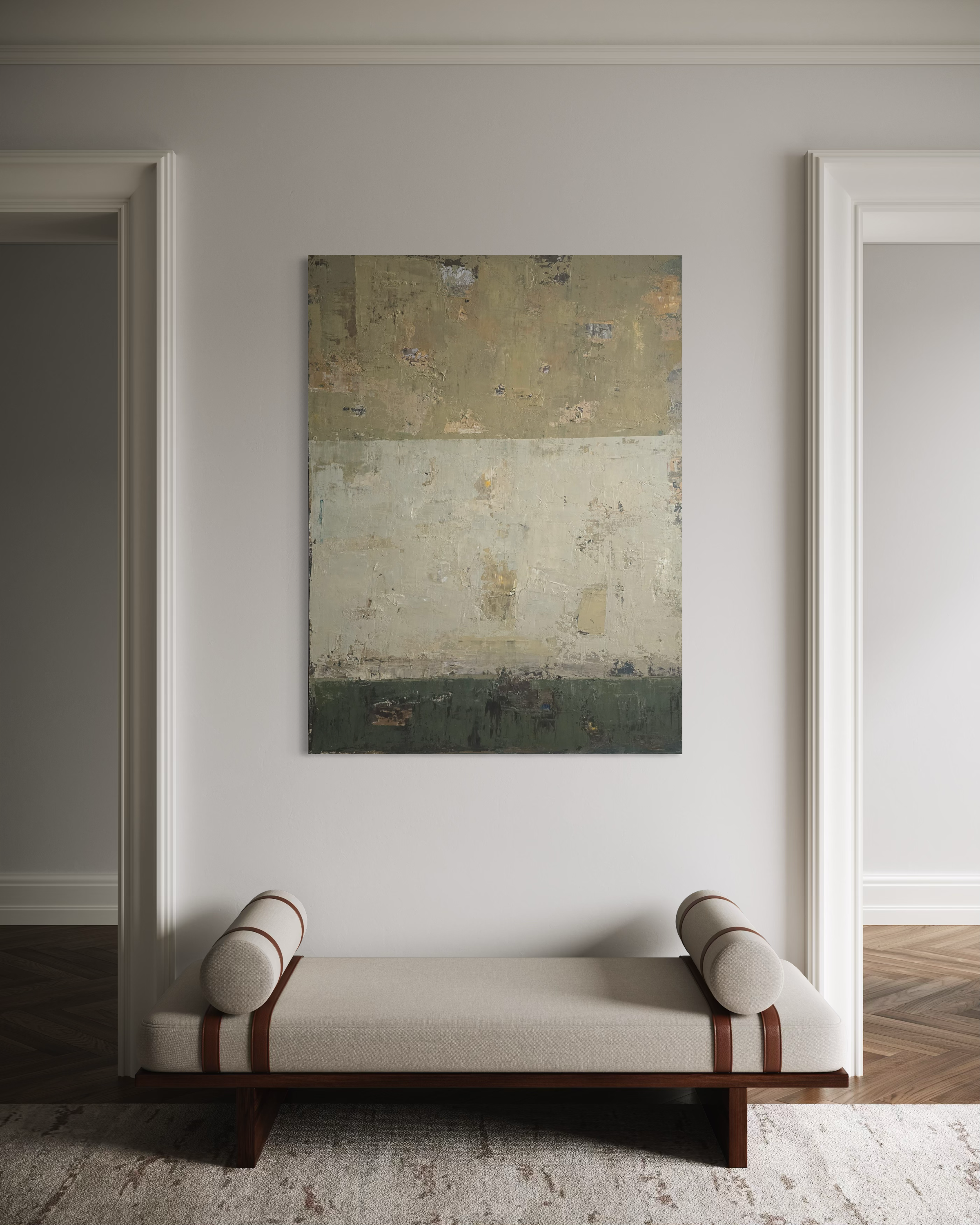 Earthy tones abstract painting on a wall above a bench in a room with mirrors. By Birute Studio.