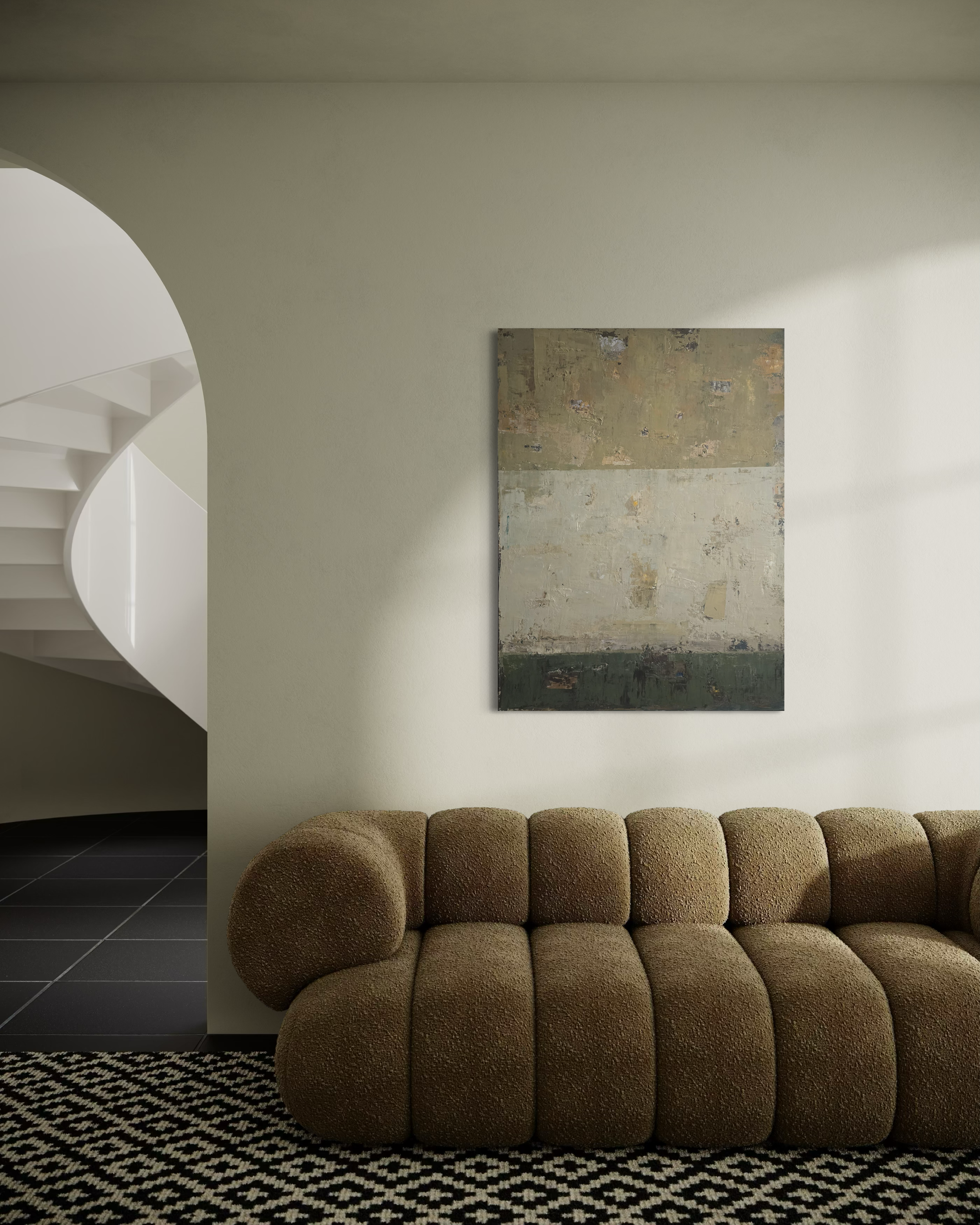 Modern living room featuring a brown sofa and an original abstract painting on the wall in beige, neutral, and khaki tones, with oak and green accents and a rich layered texture.