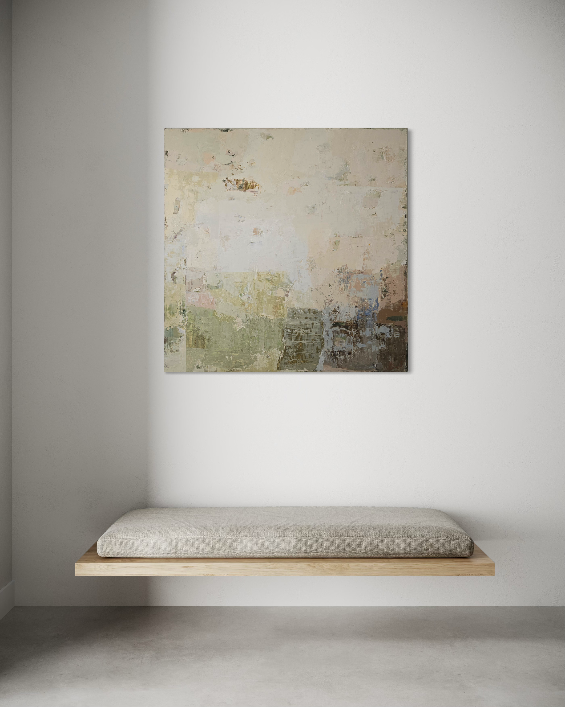 BIRUTE STUDIO abstract painting on a wall above a floating bench with a neutral color palette.