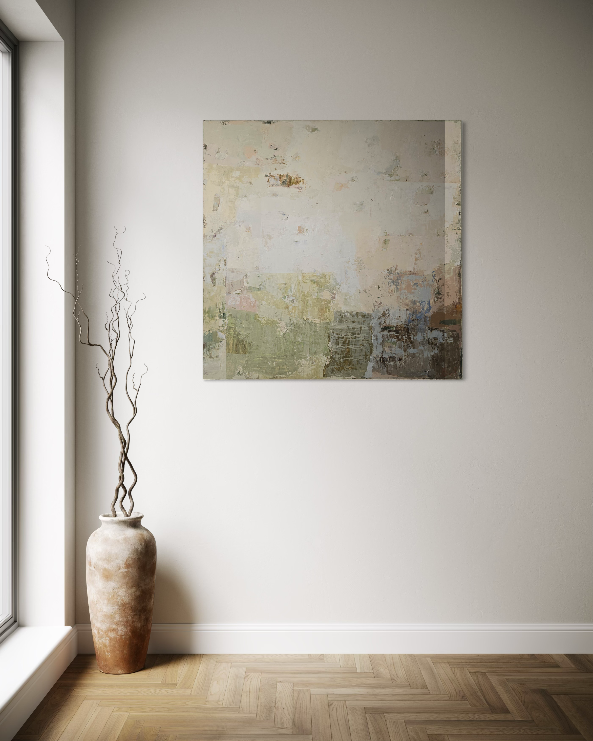 BIRUTE STUDIO abstract painting on a wall with a vase and branches in a room with a window.