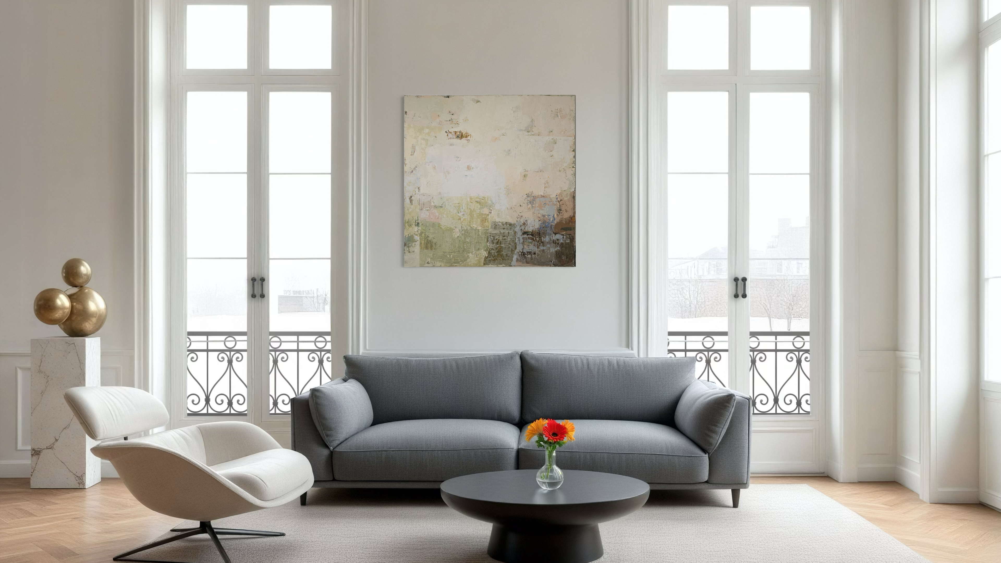 Modern living room with a gray sofa, white armchair, and BIRUTE STUDIO original abstract painting in light tones on the wall.