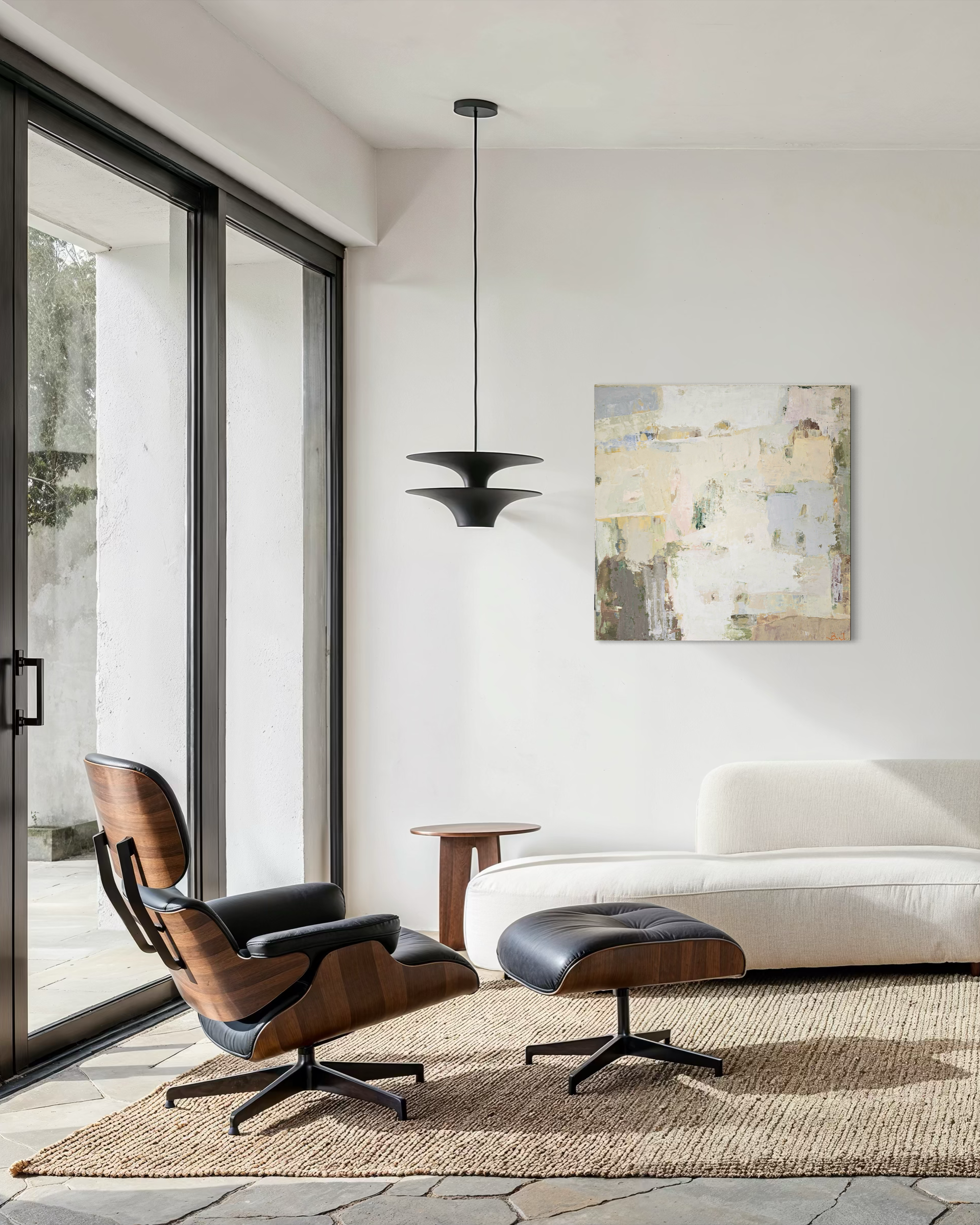 Original large abstract painting in white, beige, pastel tones with rich layered textures hanging on the wall in the modern interior.