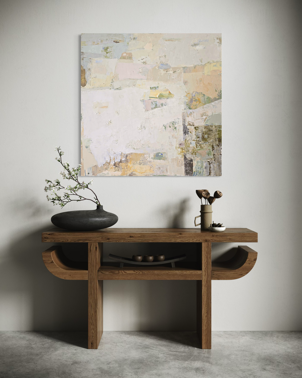 An abstract canvas painting featuring a textured, layered composition of off-white, beige, and soft pastel tones | Birute Studio