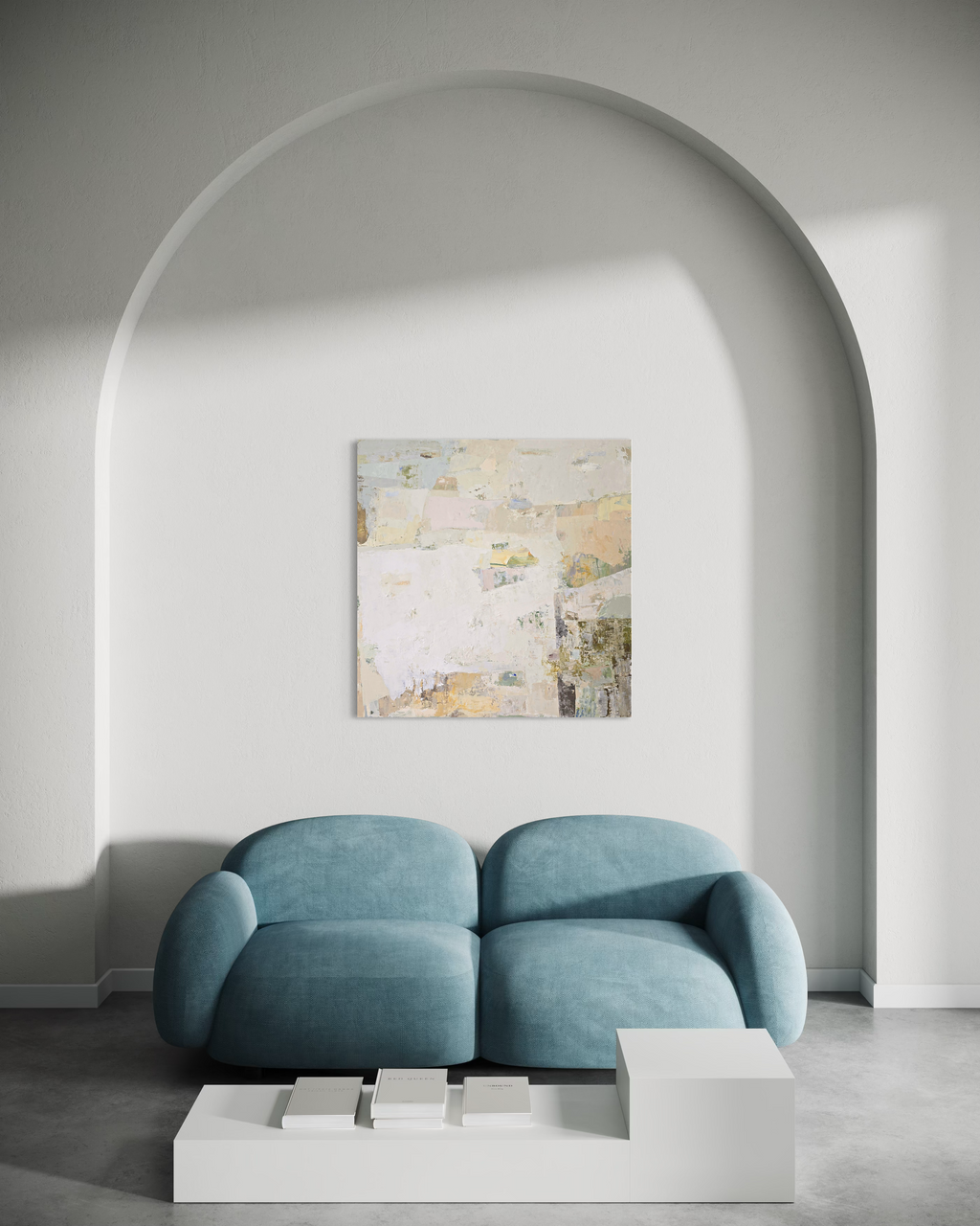 An abstract canvas painting featuring a textured, layered composition of off-white, beige, and soft pastel tones | Birute Studio