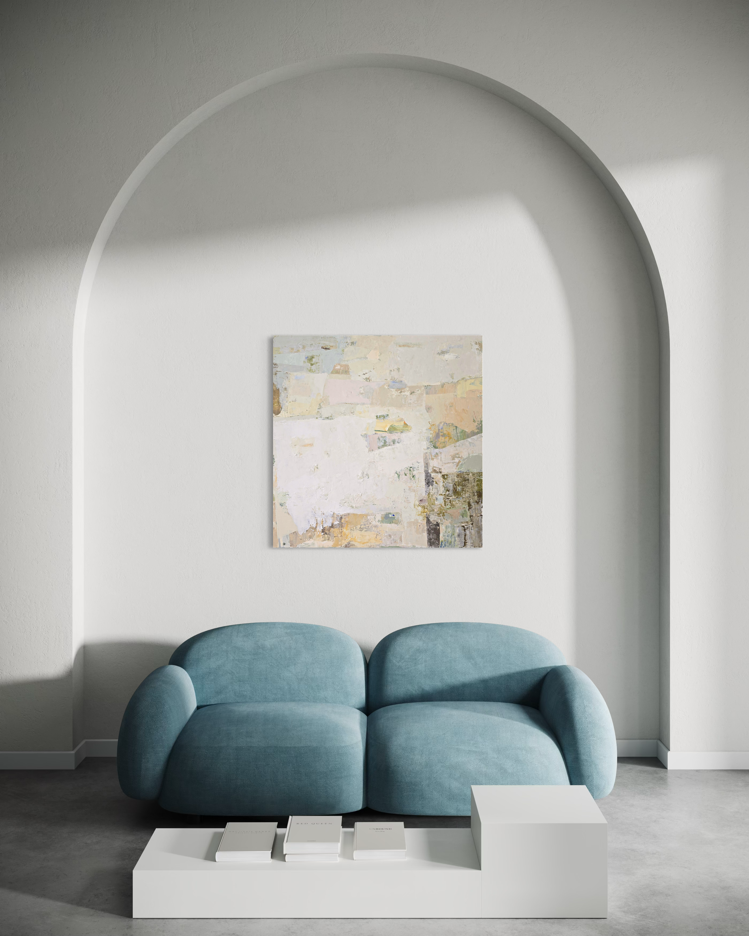 An abstract canvas painting featuring a textured, layered composition of off-white, beige, and soft pastel tones | Birute Studio