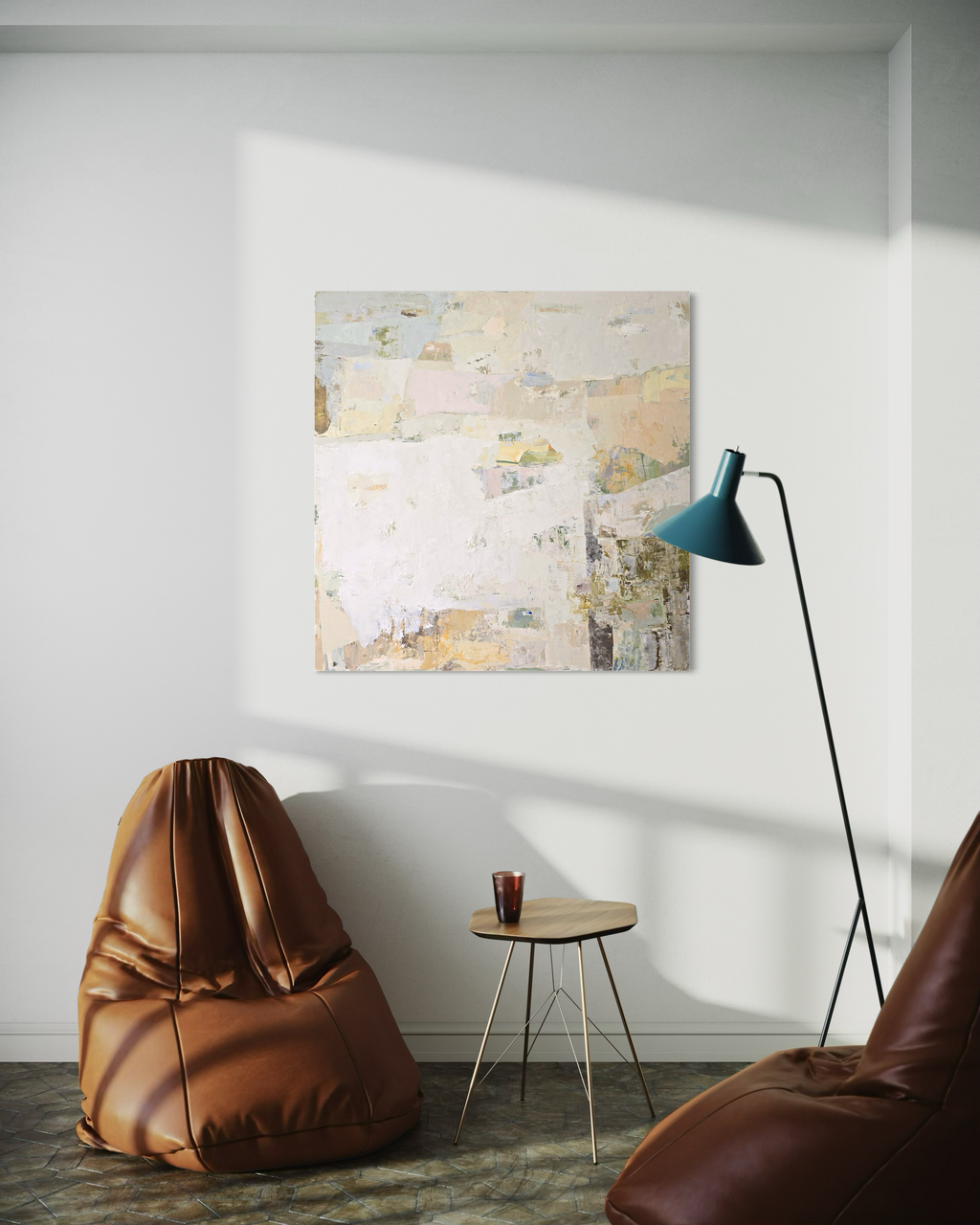 An abstract canvas painting featuring a textured, layered composition of off-white, beige, and soft pastel tones | Birute Studio