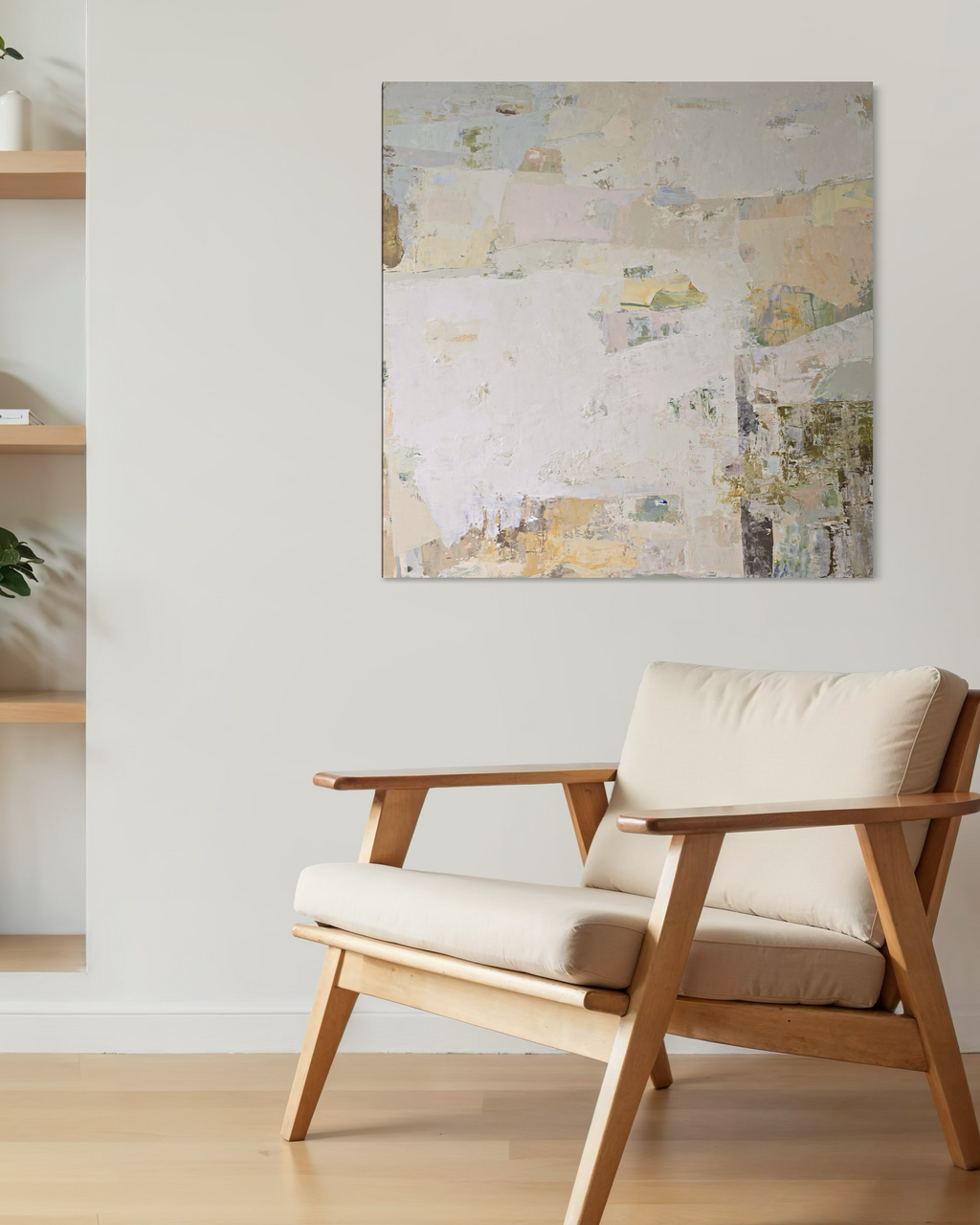 An abstract canvas painting featuring a textured, layered composition of off-white, beige, and soft pastel tones | Birute Studio