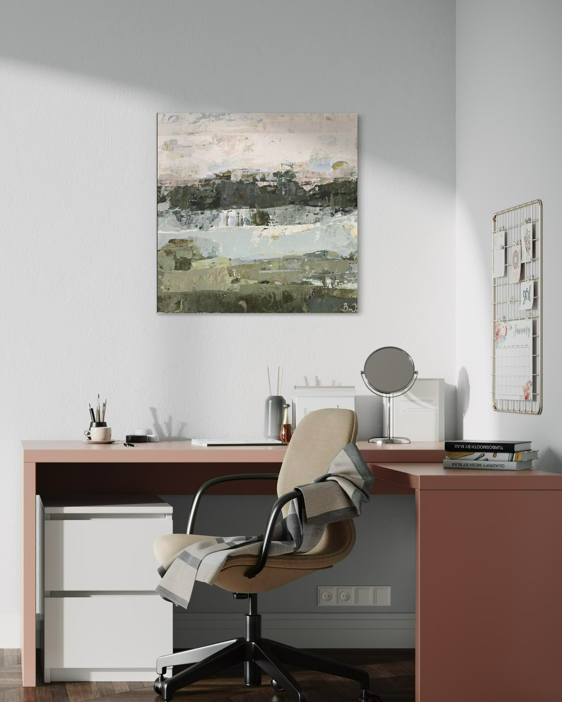 An abstract landscape canvas painting created by Birute Studio with muted green, beige, and gray tones, displayed on a white wall above a modern desk setup with a beige office chair.