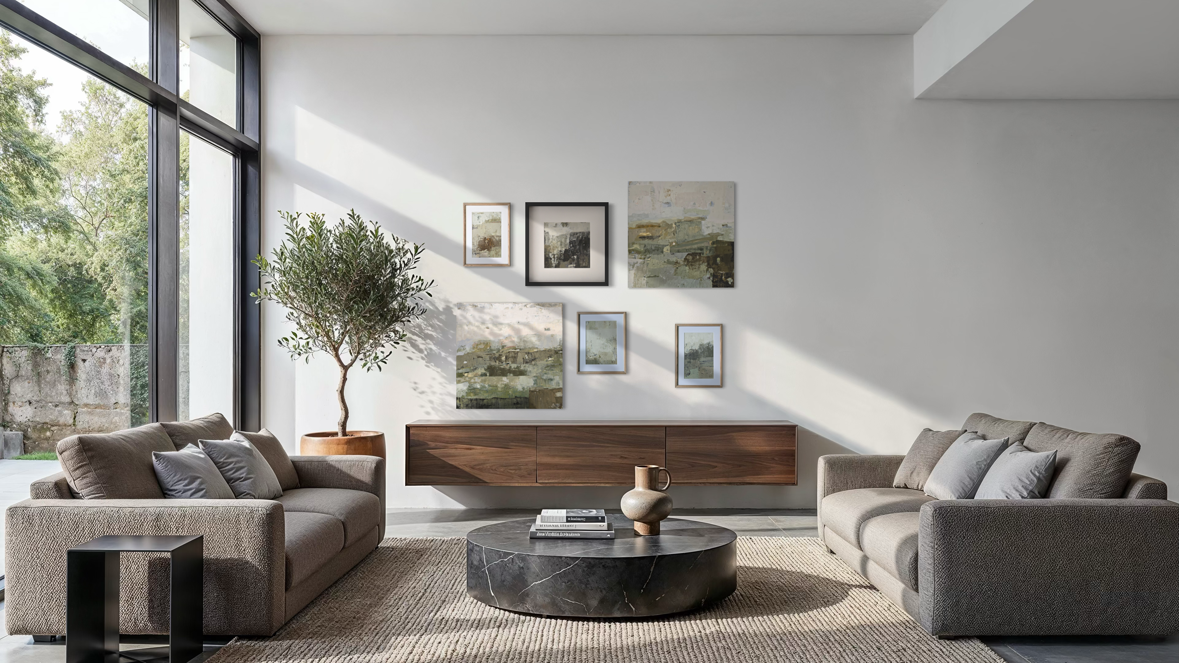 A modern living room with two gray upholstered sofas facing a round dark marble coffee table, set in a bright room with a wooden sideboard, framed original gallery wall art created by Birute Studio, a potted tree, and large windows.