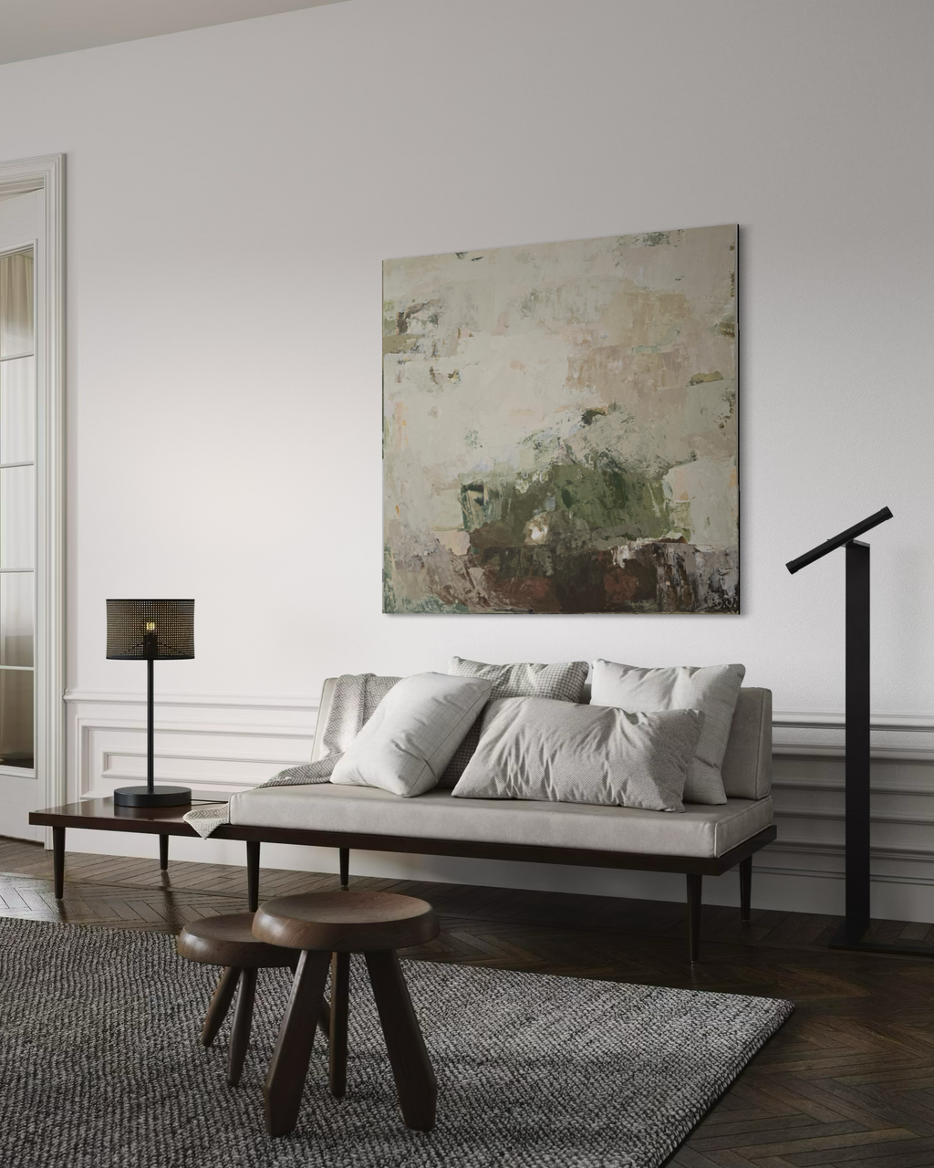 Didelis originalus paveikslas – Green Before the Quiet. 120x120 cm