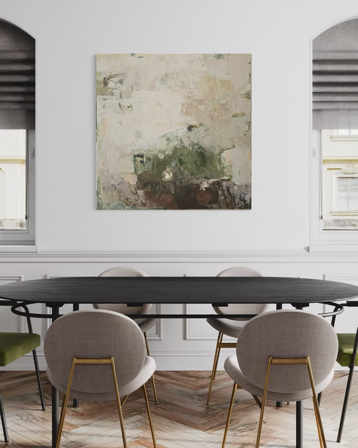 Didelis originalus paveikslas – Green Before the Quiet. 120x120 cm