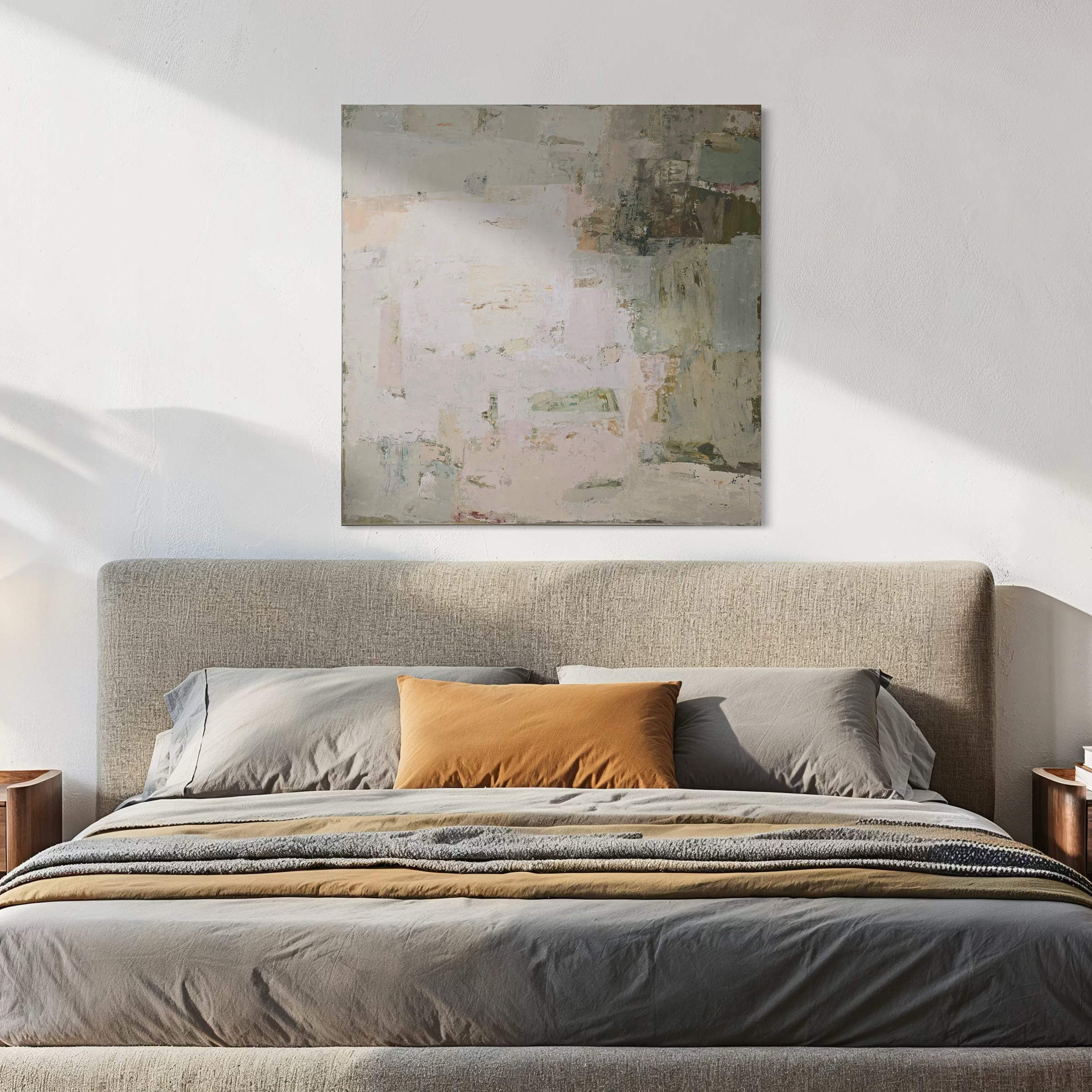 Peaceful bedroom decor with a soft-toned abstract painting by Birute Studio above the bed.